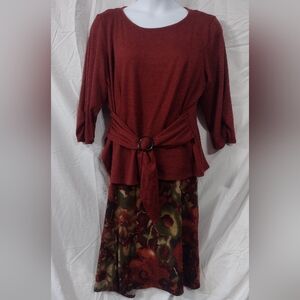 Perceptions Red and Olive Floral Midi Skirt